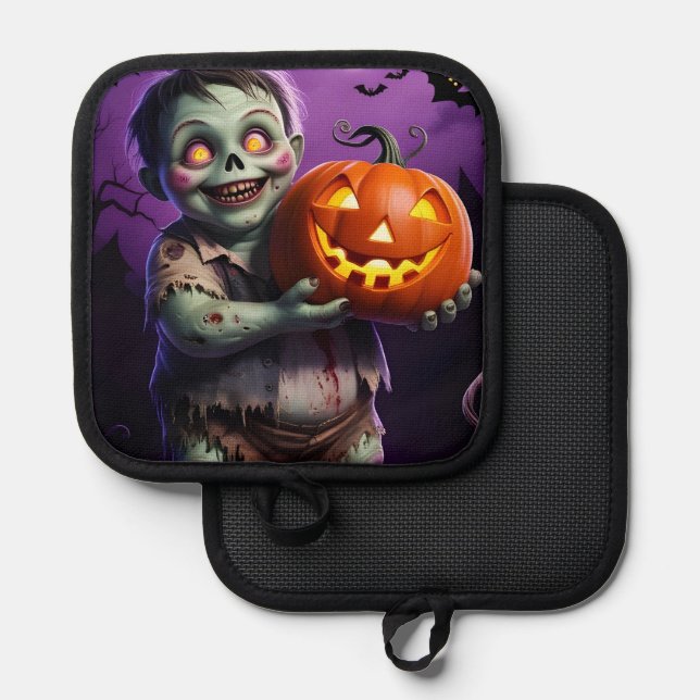 Little Green Monster & Pumpkin Friend  Pot Holder (Front/Back)