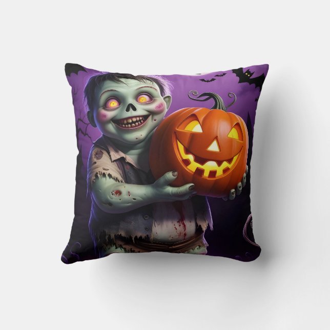 Little Green Monster & Pumpkin Friend  Throw Pillow (Back)
