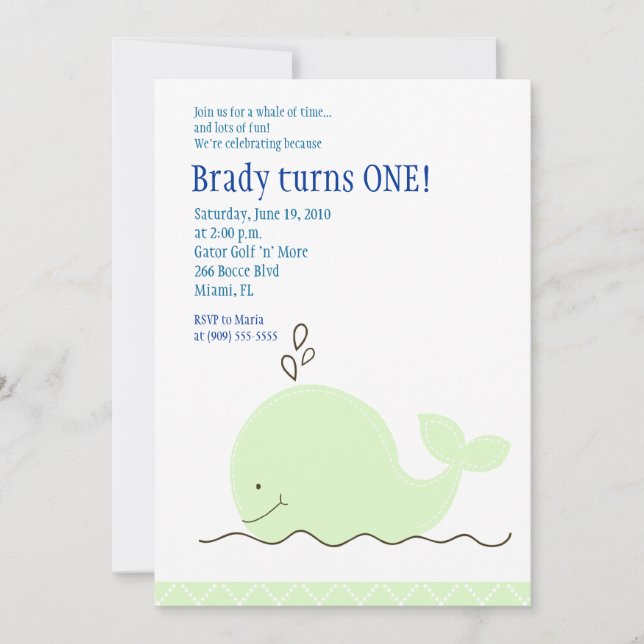 Little Green Whale 5x7 Birthday Invitation (Front)