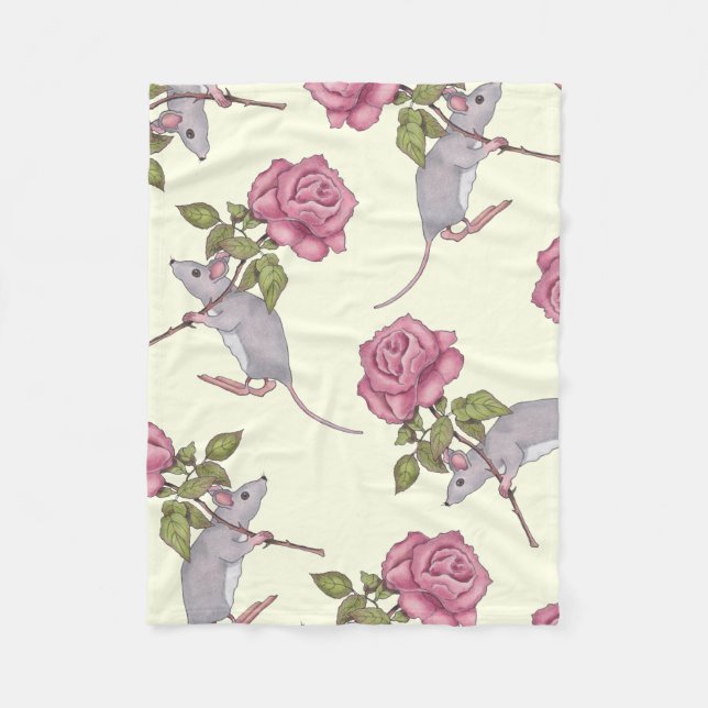Little Grey Mouse Carrying Big Pink Rose Fleece Blanket (Front)