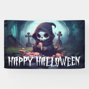 Little Grim Reaper With Candy Happy Halloween Banner