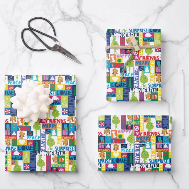 Little Grinch  & Friends | Colourful Christmas Pat Wrapping Paper Sheet (Front)