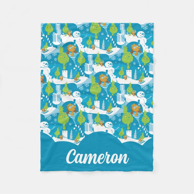 Little Grinch | Merry Grinchmas Teal Pattern Fleece Blanket (Front)