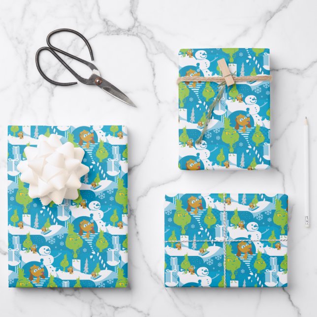 Little Grinch | Merry Grinchmas Teal Pattern Wrapping Paper Sheet (Front)
