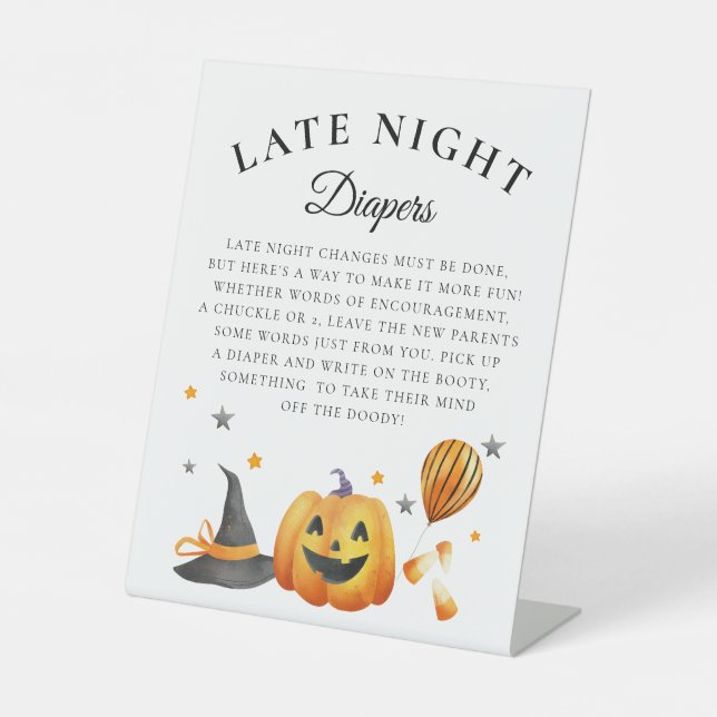 Little Halloween Baby Shower Late Night Diapers Pedestal Sign (Front)