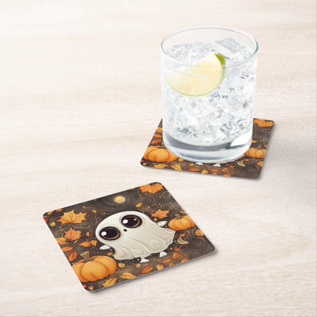 Little Halloween Ghost  Square Paper Coaster (Insitu)