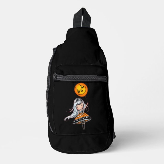 Little Halloween Girl and Pumpkin Balloon Sling Bag (Front)