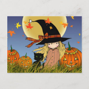 LIttle Halloween Witch and Cat Postcard