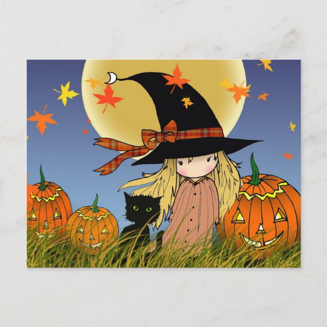 LIttle Halloween Witch and Cat Postcard (Front)