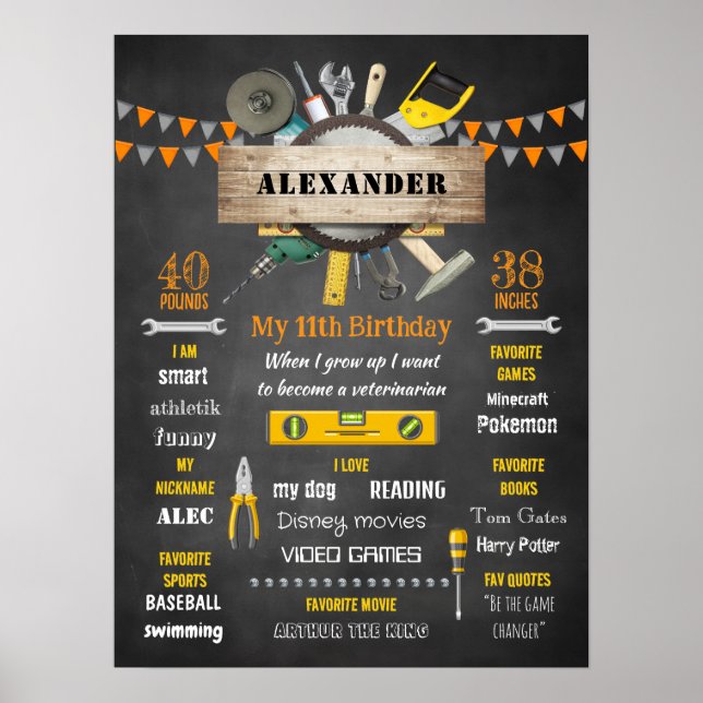 Little Handyman Birthday Milestone Birth Stats Poster (Front)