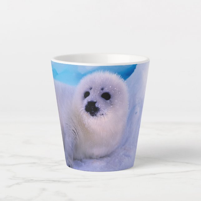 Little Harp Seal Pup Covered in Snowflakes Latte Mug (Front)