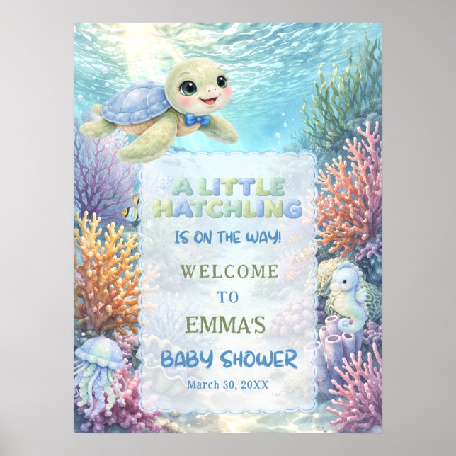 Little Hatchling Sea Turtle Baby Shower Welcome Poster (Front)