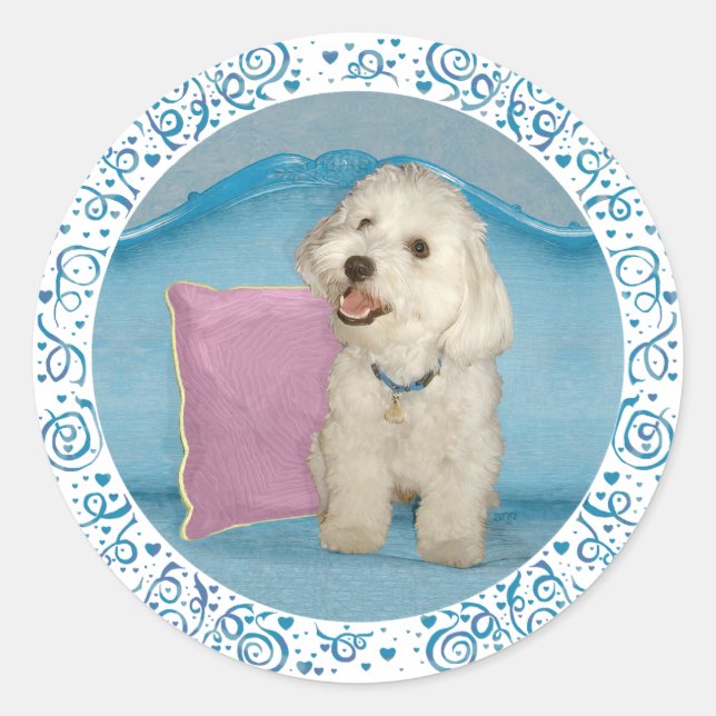 Little Havanese on Turquoise Sofa Classic Round Sticker (Front)