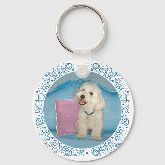 Little Havanese on Turquoise Sofa Keychain (Front)