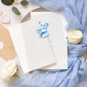 Little Heart Blue Gingham Teddy Bear Baby Shower Acrylic Invitations