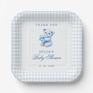 Little Heart Blue Gingham Teddy Bear Baby Shower Paper Plate