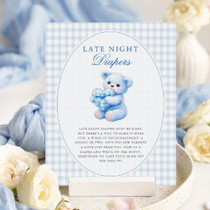 Little Heart Blue Gingham Teddy Bear Baby Shower Poster