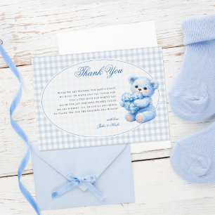 Little Heart Blue Gingham Teddy Bear Baby Shower Thank You Card