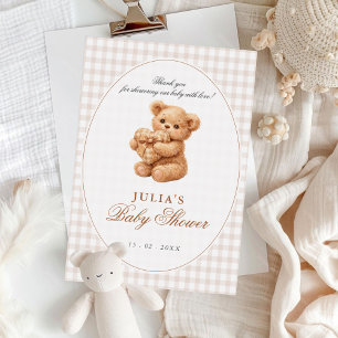 Little Heart Brown Gingham Teddy Bear Baby Shower Invitation