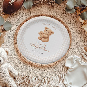 Little Heart Brown Gingham Teddy Bear Baby Shower Paper Plate