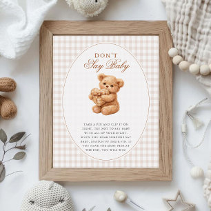 Little Heart Brown Gingham Teddy Bear Baby Shower Poster