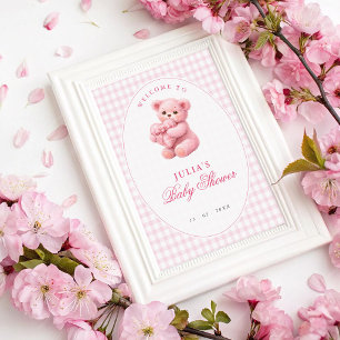 Little Heart Pink Gingham Teddy Bear Baby Shower Poster