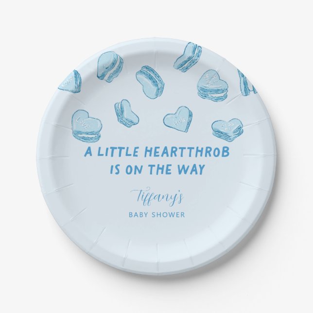 Little Heartthrob Blue Heart Macarons Baby Shower Paper Plate (Front)