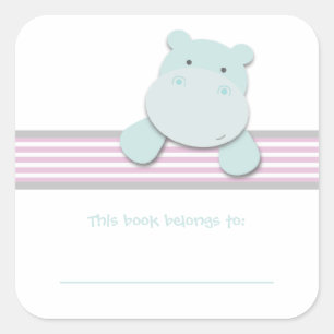 Little Hippo {Pink} Bookplates Square Sticker
