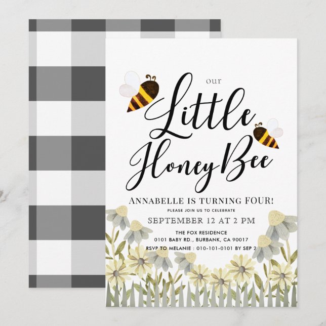 Little Honey Bee Daisy Birthday Invitation (Front/Back)