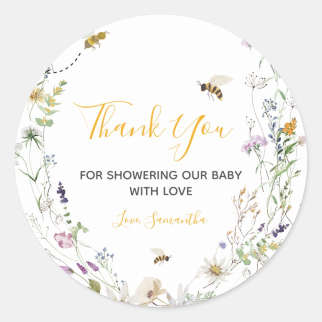 Little Honey Bee Wildflower Baby Shower Thank You Classic Round Sticker (Front)