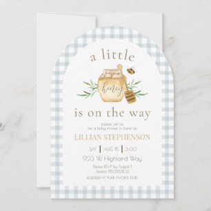 Little Honey On The Way Blue Gingham Baby Shower Invitation