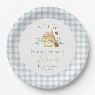 Little Honey On The Way Blue Gingham Baby Shower Paper Plate