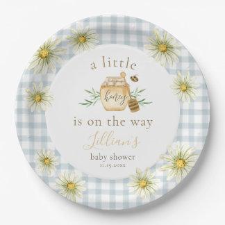 Little Honey On The Way Blue Gingham Baby Shower Paper Plate