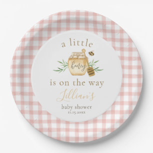 Little Honey On The Way Pink Gingham Baby Shower Paper Plate