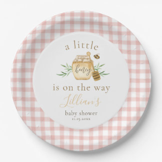 Little Honey On The Way Pink Gingham Baby Shower Paper Plate