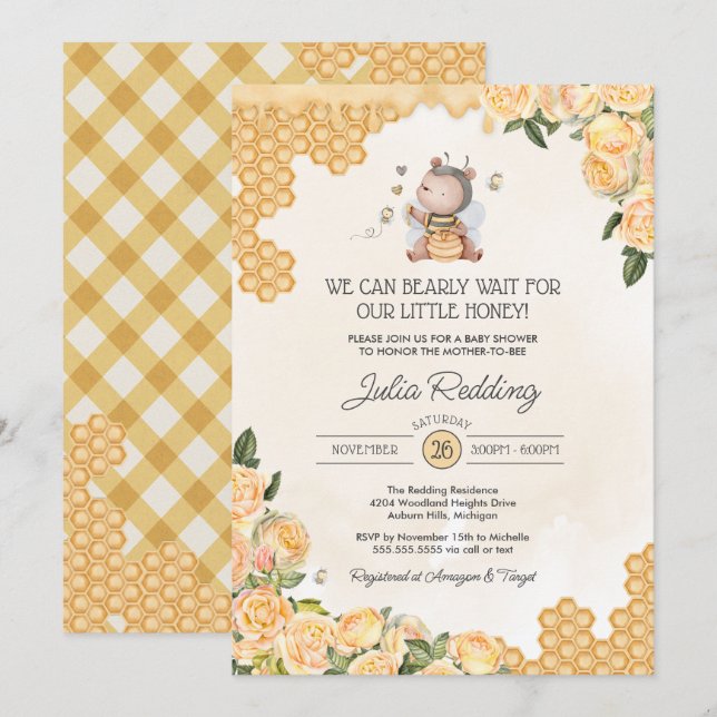 Little Honey Teddy Bear Mom-to-Bee Baby Shower Invitation (Front/Back)