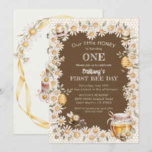 Little Honey Turning One Bees Daisy 1st Birthday Invitation