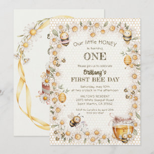Little Honey Turning One Bees Daisy 1st Birthday Invitation
