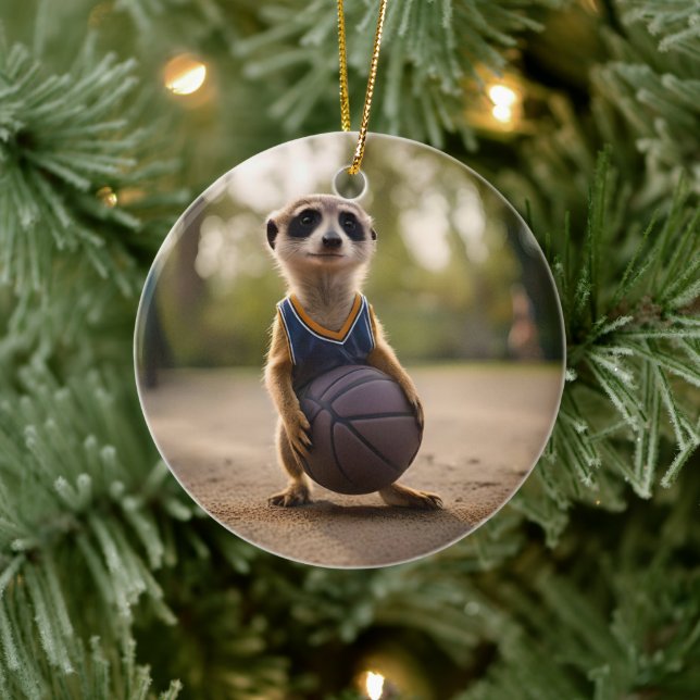 Little Hoop Star: Baby Meerkat Holding Basketball Ceramic Ornament (Tree)