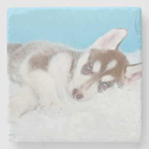 Little Husky Puppy Laying on a Blanket Stone Coaster