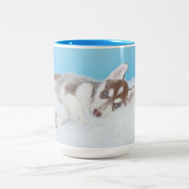 Little Husky Puppy Laying on a Blanket Two-Tone Coffee Mug (Center)