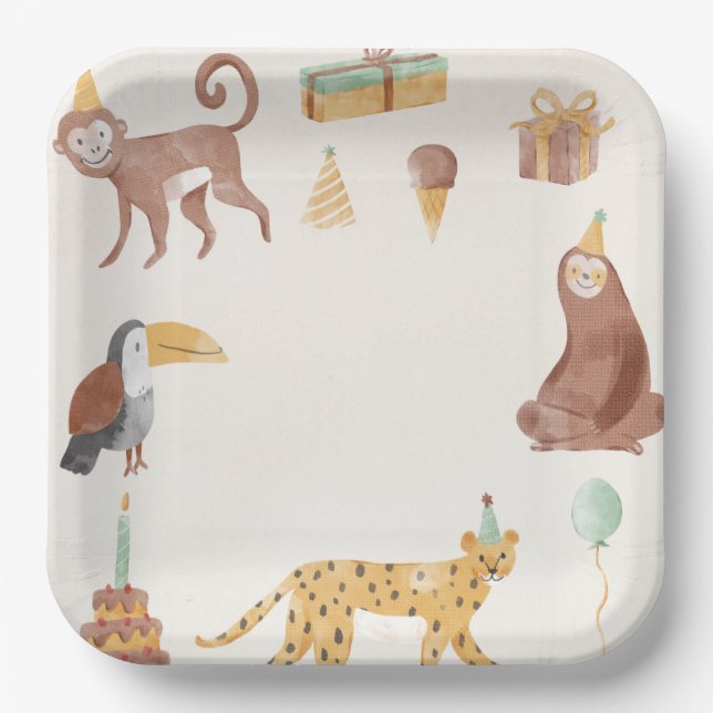 Little Jungle Animals Birthday Paper Plate (Front)
