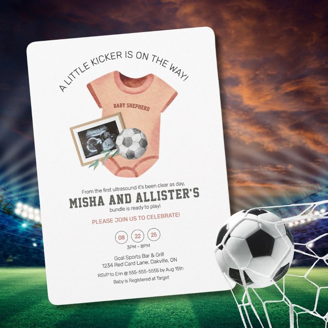 Little Kicker Baby Shower Invitation (Adorable baby shower invite for your future soccer star with personalized details)