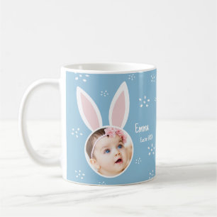 Little Kid Photo w/ Bunny Ears + Name Easter Blue Coffee Mug
