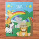 Little Kids Safari Jungle Animals and First Name Jigsaw Puzzle<br><div class="desc">Add a cute colourful jungle theme to the bedroom or nursery game collection of your little boy or girl with this adorable custom safari jigsaw puzzle. Puzzle has a zebra, giraffe, elephant, and lion, all near a palm tree, a rainbow, and bright sunny stars. The name of your little kid...</div>