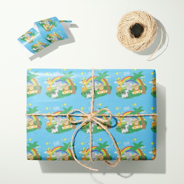 Little Kids Safari Jungle Animals and First Name Wrapping Paper (Creator Uploaded)