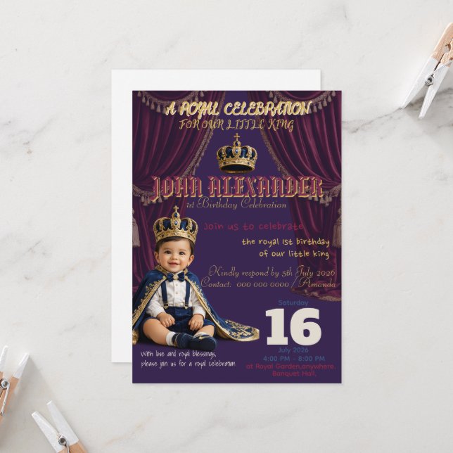Little King First Birthday Invitation (Front/Back In Situ)