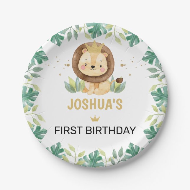 Little King Lion Crown 1st Birthday Paper Plate (Front)