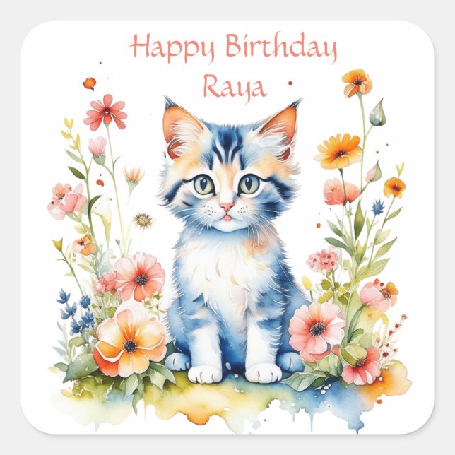 Little Kitten Girl's Birthday Party Personalized Square Sticker (Front)