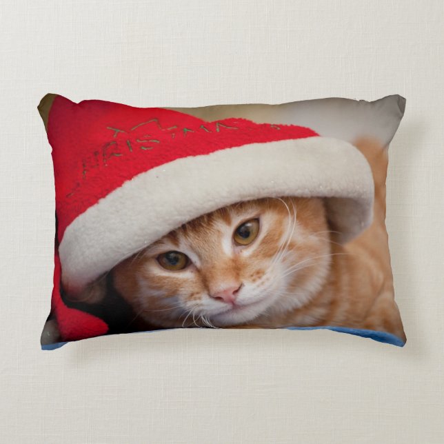 Little Kitten in Red Christmas Hat Decorative Pillow (Front)